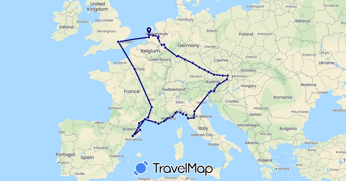 TravelMap itinerary: driving in Austria, Germany, Spain, France, United Kingdom, Italy, Monaco, Netherlands (Europe)